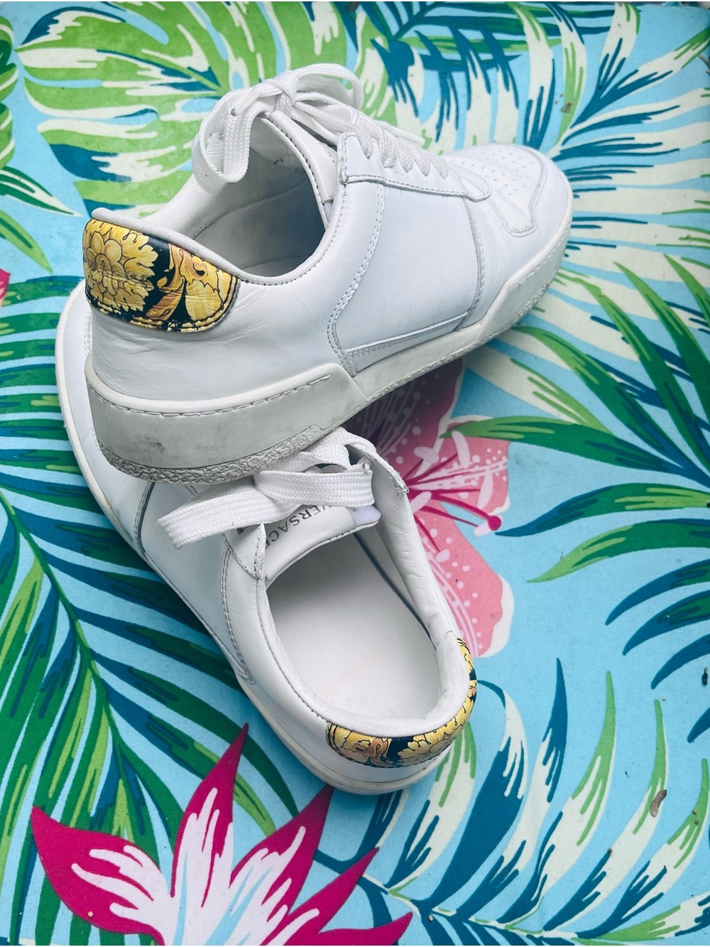 Versace White Leather Sneakers with Gold Floral Heel Patch